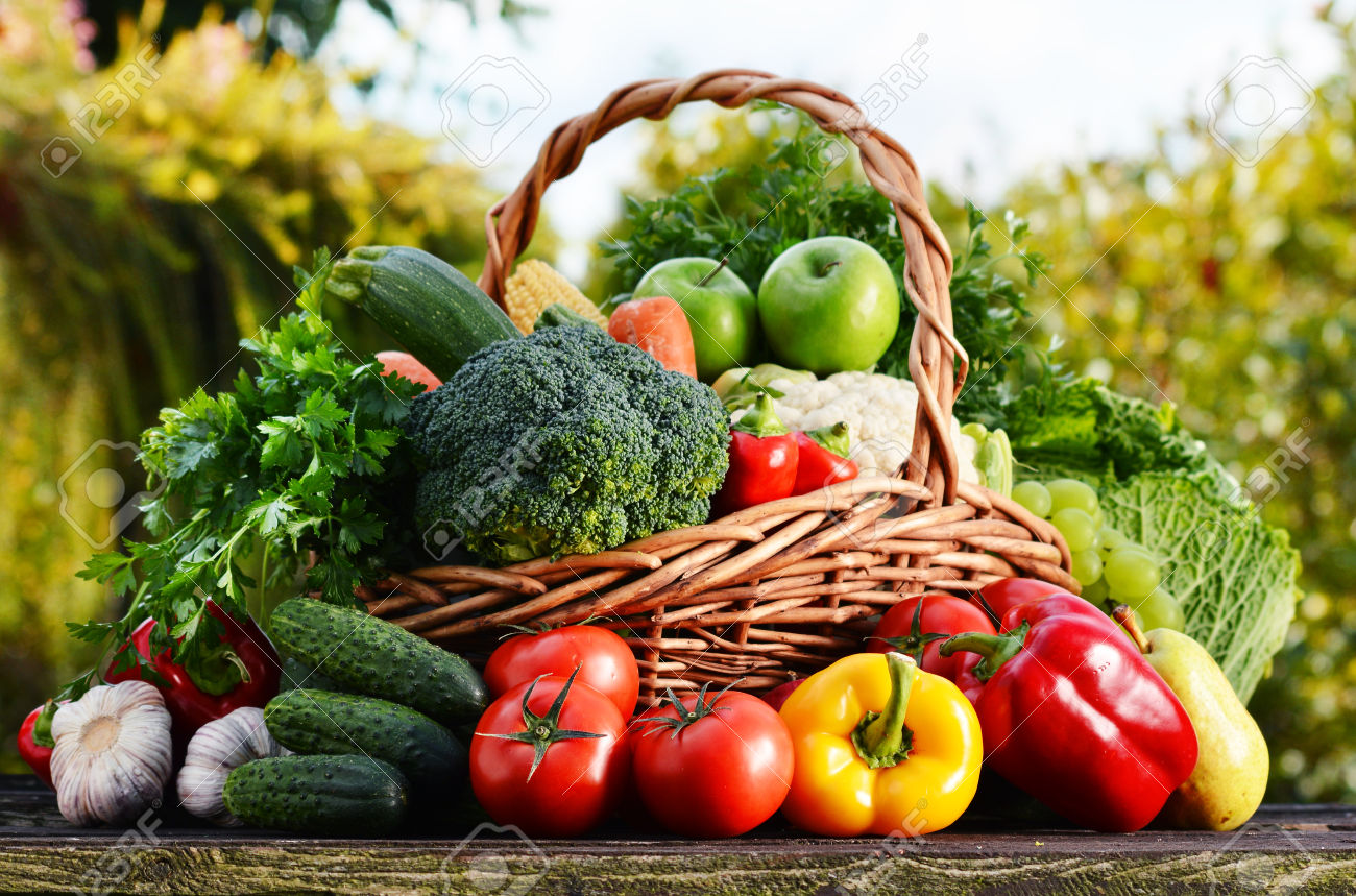 Wicker Basket With Assorted Raw Organic Vegetables In The Garden